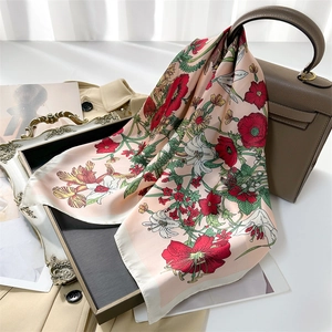 Floral Print Square Scarf Faux Satin Satin Neck Headscarf For Women Hair Tie Bag Decoration Elegant Accessory
