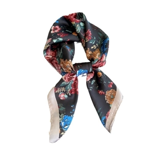 French style floral silk scarf in black with colorful rose prints and cream satin border