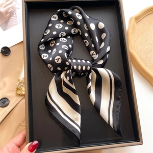 Chic black and white polka dot silk scarf with letter print in a premium gift box