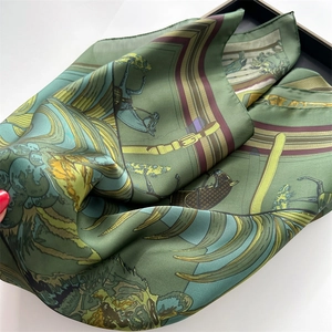 Vintage green silk-feel scarf featuring elegant equestrian prints and carriage patterns