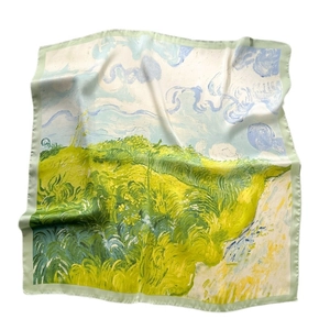 Seidenschal mit Van Gogh Weizenfeld Ölgemälde Muster in elegantem Grün und Gelb