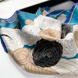 French vintage floral camellia pattern satin square scarf with elegant drape and silk sheen