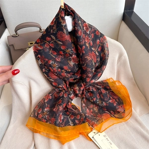 Elegant floral faux silk scarf with orange flower print and chiffon border shawl