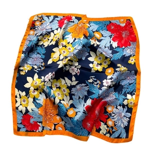French vintage floral silk scarf in navy blue with orange border and botanical print
