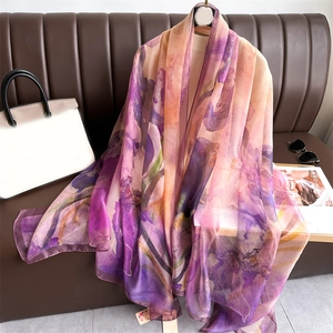 Elegant Floral Print Satin Like Scarf Gradient Purple Orange Large Shawl Wrap Women Lightweight Polyester Gauze Fashion