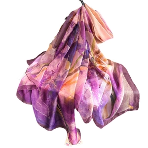 Elegant purple gradient floral silk scarf shawl with watercolor flower print on white background