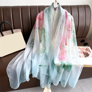 Elegant gradient lotus print silk shawl with blue and pink floral pattern for women