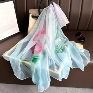 Gradient summer silk scarf with lotus print and large translucent shawl design