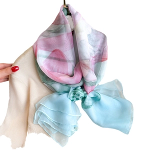 Elegant gradient lotus print silk shawl scarf for women in pink and blue tones