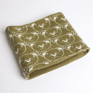 Detail of olive green knit neck warmer with white bear patterns and plush fleece lining