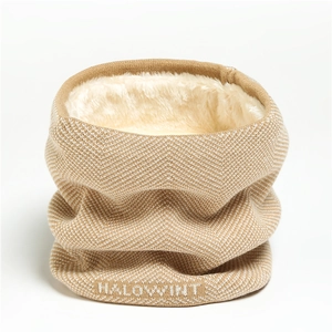Khaki herringbone knit neck warmer with plush faux fur lining and brand logo detail