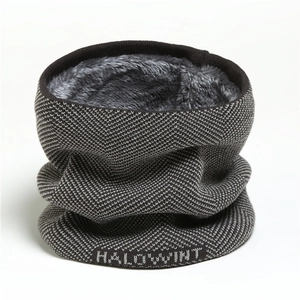 Detail of knit snood showing gray plush lining and woven texture with HALOWINT label
