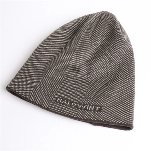 Deep grey and cream herringbone knit beanie hat with HALOWINT letter embroidery