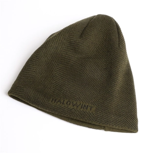 Close-up of olive green beanie with fine knit texture and black HALOWINT lettering