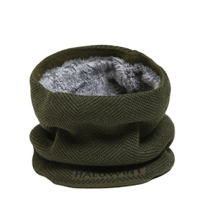 Unisex herringbone knit neck warmer with thick grey fleece lining in olive green