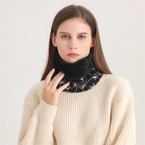 Warm winter black neck gaiter with cute bear pattern for women in thick plush knit