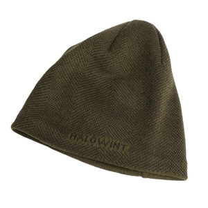 Olive green knit beanie with HALOWINT logo for winter warmth and outdoor fashion