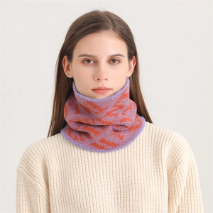Knitted turtle neck warmer with purple and orange geometric patterns for autumn winter