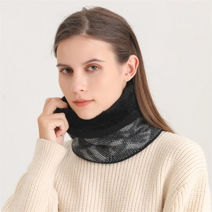 Close-up of women winter faux fur neck warmer with knitted geometric pattern