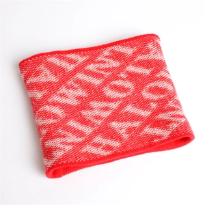 Winter knitted neck warmer with red and white geometric jacquard patterns