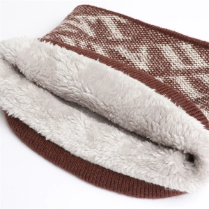 Detail of warm winter knit neck gaiter with thick fleece lining in brown geometric pattern