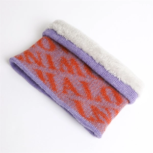 Close-up of knit neck warmer with purple geometric patterns and white faux fur lining