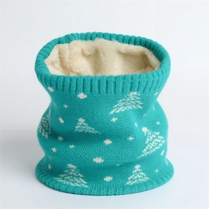 Lake blue knitted winter neck warmer with white cedar tree patterns and fleece lining