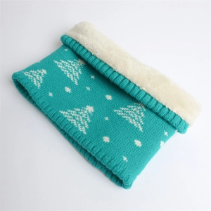 Detailed close-up of knitted winter neck warmer with cedar tree pattern and fleece lining