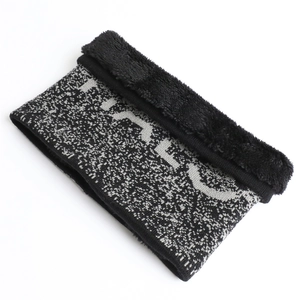 Detail of winter neck warmer showing thick black plush lining and knit texture