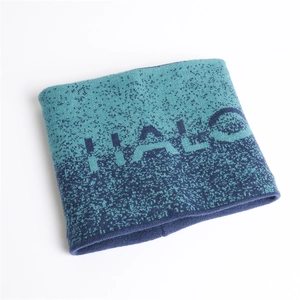 Detailed knit texture of a gradient blue HALO snood neck warmer for cold weather