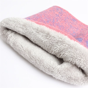 Detailed close-up of double-layer knit neck warmer with soft gray fleece lining
