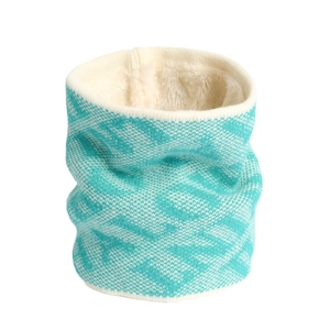 Blue knit neck warmer with plush fleece lining and geometric pattern for winter warmth
