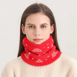 Winter red knitted neck warmer with white Christmas tree patterns for cold protection