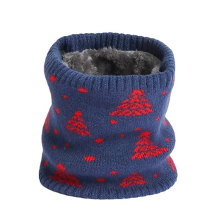 Winter knitted neck warmer with navy cedar tree pattern and thick gray fleece lining