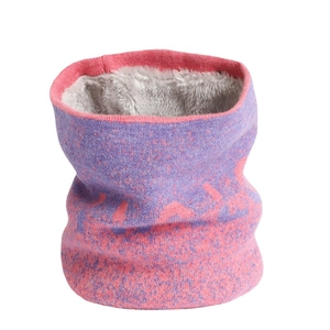 Purple and pink gradient knitted neck warmer with thick grey fleece lining for winter warmth