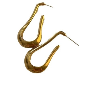 Minimalist gold U-shaped drop earrings with a high-polished mirror finish on white background