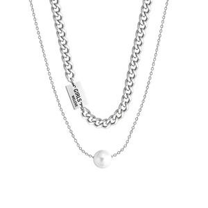 Double-layered silver titanium steel necklace featuring a chunky Cuban chain and pearl pendant