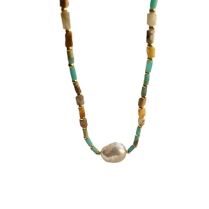 Handmade Baroque pearl necklace with colorful natural stone beads and golden spacers