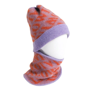 Winter knit beanie and neck warmer set in purple and orange jacquard with letter patterns