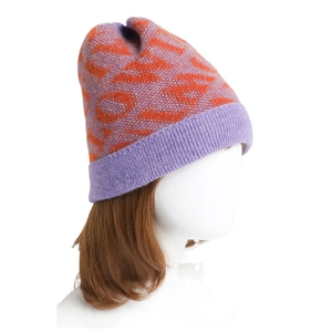 Women's lavender knit beanie with orange jacquard pattern and fleece lining for winter