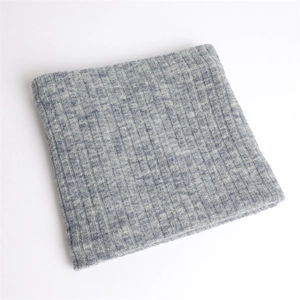 Detailed close-up of gray-blue rib-knit neck warmer showing thick thermal fabric texture