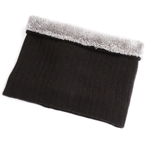 Detail of winter knitted neck warmer featuring black vertical stripes and thick grey faux fur lining