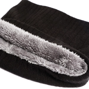 Detailed view of winter neck warmer with black ribbed knit and thick grey fleece lining