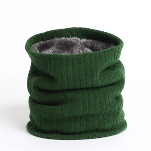 Detail of dark green ribbed knit neck warmer with thick grey fleece lining for winter