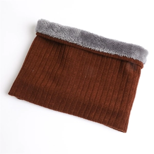 Close-up of caramel winter neck warmer with soft fleece lining and vertical stripes