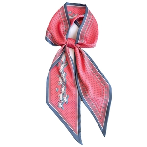 Pink faux silk twilly scarf with white horse print and navy paisley border patterns
