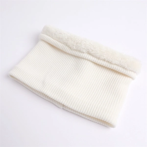 Detail of white rib-knit neck warmer with thick faux fur lining for winter warmth