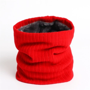 Detail of red ribbed knit snood with thick grey fleece lining for winter warmth