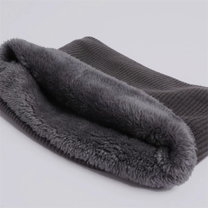 Close-up of thick ribbed knit neck warmer with soft plush lining for winter warmth