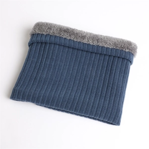 Detailed view of dark blue ribbed knit snood with thick grey plush fleece lining